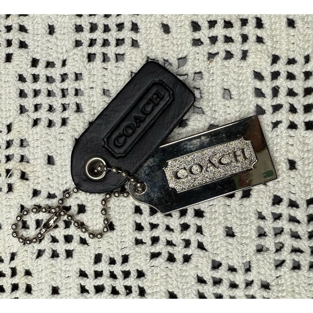 2 Vintage Coach Charms Black Leather One Side & Two Sided Silver Metal Tag Chain